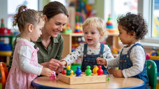 daycare-teacher-with-children-learning-colors-and-shapes-toddler-preschool-education-early-childhood-development-photo